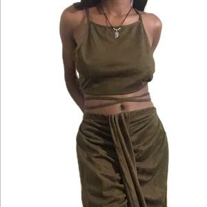 Green 2 piece cami top & high front slit skirt set